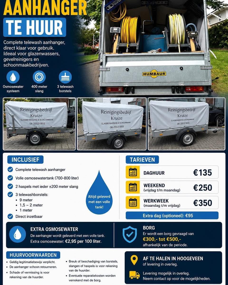 Complete telewash aanhanger te huur inclusief osmosewatertank en telewashborstels - Reinigingsbedrijf Kruize